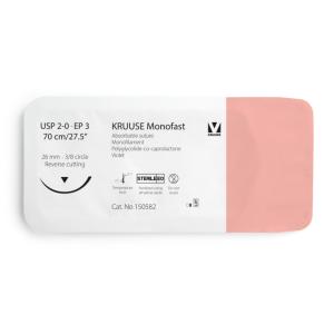 KRUUSE Monofast Suture, USP 2-0/EP 3, 70 cm/27.5", violet, 26 mm needle, 3/8 circle, reverse cutting, 12/pk KRUUSE Monofast Suture, USP 2-0/EP 3, 70 cm/27.5", violet, 26 mm needle, 3/8 circle, reverse cutting, 12/pk