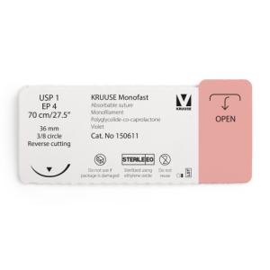 KRUUSE Monofast Suture, USP 1/EP 4, 70 cm/27.5", violet, 36 mm needle, 3/8 circle, reverse cutting, 12/pk KRUUSE Monofast Suture, USP 1/EP 4, 70 cm/27.5", violet, 36 mm needle, 3/8 circle, reverse cutting, 12/pk