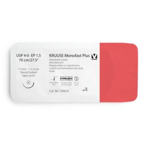 KRUUSE Monofast Plus Suture, USP 4-0/EP 1.5, 70 cm/27.5", violet, 17 mm needle, 1/2 circle, round bodied, taper point, 12/pk KRUUSE Monofast Plus Suture, USP 4-0/EP 1.5, 70 cm/27.5", violet, 17 mm needle, 1/2 circle, round bodied, taper point, 12/pk
