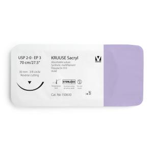 KRUUSE Sacryl Suture, USP 2-0/EP 3, 70 cm/27.5", violet, 30 mm needle, 3/8 circle, reverse cutting, 12/pk KRUUSE Sacryl Suture, USP 2-0/EP 3, 70 cm/27.5", violet, 30 mm needle, 3/8 circle, reverse cutting, 12/pk