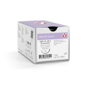 KRUUSE Sacryl Suture, USP 2-0/EP 3, 70 cm/27.5", violet, 26 mm needle, 1/2 circle, round bodied, taper point, 12/pk KRUUSE Sacryl Suture, USP 2-0/EP 3, 70 cm/27.5", violet, 26 mm needle, 1/2 circle, round bodied, taper point, 12/pk