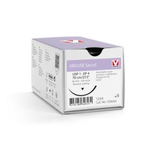 KRUUSE Sacryl Suture, USP 1/EP 4, 70 cm/27.5", violet, 36 mm needle, 3/8 circle, reverse cutting, 12/pk KRUUSE Sacryl Suture, USP 1/EP 4, 70 cm/27.5", violet, 36 mm needle, 3/8 circle, reverse cutting, 12/pk