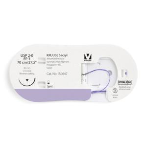 KRUUSE Sacryl Suture, USP 2-0/EP 3, 70 cm/27.5", violet, 36 mm needle, 1/2 circle, reverse cutting, 12/pk KRUUSE Sacryl Suture, USP 2-0/EP 3, 70 cm/27.5", violet, 36 mm needle, 1/2 circle, reverse cutting, 12/pk