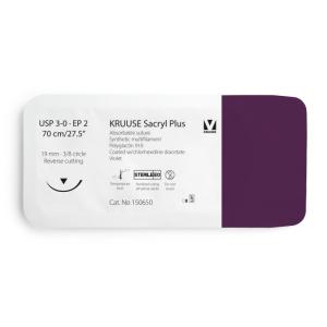 KRUUSE Sacryl Plus Suture, USP 3-0/EP 2, 70 cm/27.5", violet, 19 mm needle, 3/8 circle, reverse cutting, 12/pk KRUUSE Sacryl Plus Suture, USP 3-0/EP 2, 70 cm/27.5", violet, 19 mm needle, 3/8 circle, reverse cutting, 12/pk