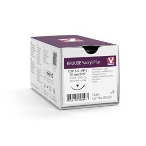 KRUUSE Sacryl Plus Suture, USP 3-0/EP 2, 70 cm/27.5", violet, 19 mm needle, 3/8 circle, reverse cutting, 12/pk KRUUSE Sacryl Plus Suture, USP 3-0/EP 2, 70 cm/27.5", violet, 19 mm needle, 3/8 circle, reverse cutting, 12/pk