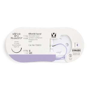 KRUUSE Sacryl Suture, USP 3-0/EP 2, 70 cm/27.5", violet, 26 mm needle, 1/2 circle, round bodied, taper cut, 12/pk KRUUSE Sacryl Suture, USP 3-0/EP 2, 70 cm/27.5", violet, 26 mm needle, 1/2 circle, round bodied, taper cut, 12/pk