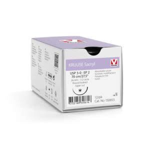 KRUUSE Sacryl Suture, USP 3-0/EP 2, 70 cm/27.5", violet, 26 mm needle, 1/2 circle, round bodied, taper cut, 12/pk KRUUSE Sacryl Suture, USP 3-0/EP 2, 70 cm/27.5", violet, 26 mm needle, 1/2 circle, round bodied, taper cut, 12/pk