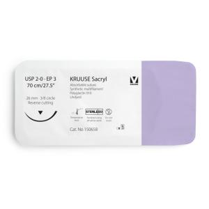 KRUUSE Sacryl Suture, USP 2-0/EP 3, 70 cm/27.5", undyed, 26 mm needle, 3/8 circle, reverse cutting, 12/pk KRUUSE Sacryl Suture, USP 2-0/EP 3, 70 cm/27.5", undyed, 26 mm needle, 3/8 circle, reverse cutting, 12/pk