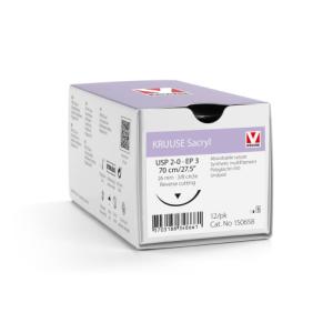 KRUUSE Sacryl Suture, USP 2-0/EP 3, 70 cm/27.5", undyed, 26 mm needle, 3/8 circle, reverse cutting, 12/pk KRUUSE Sacryl Suture, USP 2-0/EP 3, 70 cm/27.5", undyed, 26 mm needle, 3/8 circle, reverse cutting, 12/pk