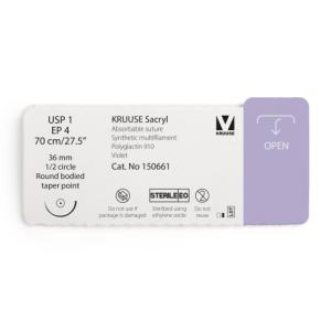 KRUUSE Sacryl Suture, USP 1/EP 4, 70 cm/27.5", violet, 36 mm needle, 1/2 circle, round bodied, taper point, 12/pk KRUUSE Sacryl Suture, USP 1/EP 4, 70 cm/27.5", violet, 36 mm needle, 1/2 circle, round bodied, taper point, 12/pk