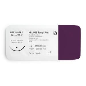 KRUUSE Sacryl Plus Suture, USP 2-0/EP 3, 70 cm/27.5", violet, 30 mm needle, 3/8 circle, reverse cutting, 12/pk KRUUSE Sacryl Plus Suture, USP 2-0/EP 3, 70 cm/27.5", violet, 30 mm needle, 3/8 circle, reverse cutting, 12/pk