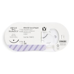 KRUUSE Sacryl Rapid Suture, USP 3-0/EP 2, 70 cm/27.5", undyed, 24 mm needle, 3/8 circle, reverse cutting, 12/pk   KRUUSE Sacryl Rapid Suture, USP 3-0/EP 2, 70 cm/27.5", undyed, 24 mm needle, 3/8 circle, reverse cutting, 12/pk