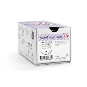 KRUUSE Sacryl Rapid Suture, USP 3-0/EP 2, 70 cm/27.5", undyed, 24 mm needle, 3/8 circle, reverse cutting, 12/pk KRUUSE Sacryl Rapid Suture, USP 3-0/EP 2, 70 cm/27.5", undyed, 24 mm needle, 3/8 circle, reverse cutting, 12/pk