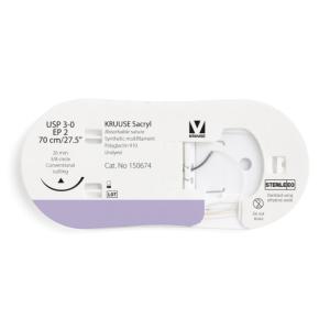 KRUUSE Sacryl Suture, USP 3-0/EP 2, 70 cm/27.5", undyed, 26 mm needle, 3/8 circle, conventional cutting, 12/pk KRUUSE Sacryl Suture, USP 3-0/EP 2, 70 cm/27.5", undyed, 26 mm needle, 3/8 circle, conventional cutting, 12/pk