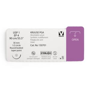 KRUUSE PGA Suture, USP 1/EP 4, 90 cm/35.5", violet, 30 mm needle, 1/2 circle, round bodied, taper point, 12/pk KRUUSE PGA Suture, USP 1/EP 4, 90 cm/35.5", violet, 30 mm needle, 1/2 circle, round bodied, taper point, 12/pk