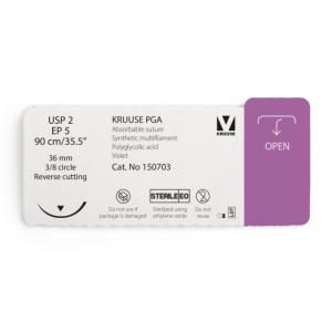 KRUUSE PGA Suture, USP 2/EP 5, 90 cm/35.5", violet, 36 mm needle, 3/8 circle, reverse cutting, 12/pk KRUUSE PGA Suture, USP 2/EP 5, 90 cm/35.5", violet, 36 mm needle, 3/8 circle, reverse cutting, 12/pk