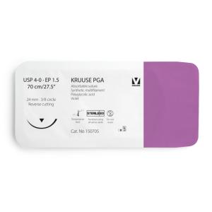 KRUUSE PGA Suture, USP 4-0/EP 1.5, 70 cm/27.5", violet, 24 mm needle, 3/8 circle, reverse cutting, 12/pk KRUUSE PGA Suture, USP 4-0/EP 1.5, 70 cm/27.5", violet, 24 mm needle, 3/8 circle, reverse cutting, 12/pk