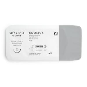 KRUUSE PD-X Suture, USP 4-0/EP 1.5, 45 cm/18" violet, 19 mm needle, 1/2 circle, round bodied, taper point, 12/pk KRUUSE PD-X Suture, USP 4-0/EP 1.5, 45 cm/18" violet, 19 mm needle, 1/2 circle, round bodied, taper point, 12/pk