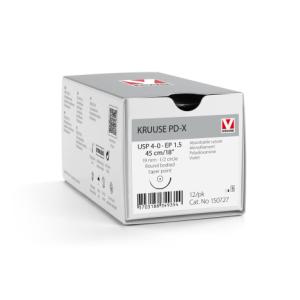 KRUUSE PD-X Suture, USP 4-0/EP 1.5, 45 cm/18" violet, 19 mm needle, 1/2 circle, round bodied, taper point, 12/pk KRUUSE PD-X Suture, USP 4-0/EP 1.5, 45 cm/18" violet, 19 mm needle, 1/2 circle, round bodied, taper point, 12/pk