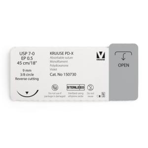 KRUUSE PD-X Suture, USP 7-0/EP 0.5, 45 cm/18", violet, 9 mm needle, 3/8 circle, reverse cutting, 12/pk KRUUSE PD-X Suture, USP 7-0/EP 0.5, 45 cm/18", violet, 9 mm needle, 3/8 circle, reverse cutting, 12/pk