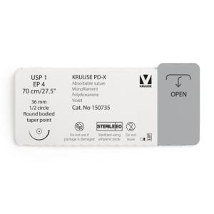 KRUUSE PD-X Suture, USP 1/EP 4, 70 cm/27.5", violet, 36 mm needle, 1/2 circle, round bodied, taper point, 12/pk KRUUSE PD-X Suture, USP 1/EP 4, 70 cm/27.5", violet, 36 mm needle, 1/2 circle, round bodied, taper point, 12/pk