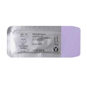 KRUUSE Sacryl Suture, USP 2-0, 70 cm, needle: 26 mm, round bodied - taper-point, ½ circle, 18/pk KRUUSE Sacryl Suture, USP 2-0, 70 cm, needle: 26 mm, round bodied - taper-point, ½ circle, 18/pk