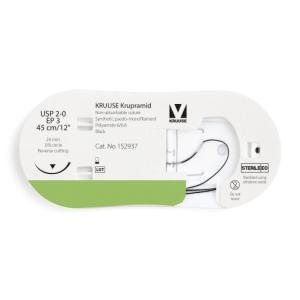 KRUUSE Krupramid Suture, USP 2-0/EP 3, 45 cm/12", black, 24 mm needle, 3/8 circle, reverse cutting, 12/pk
KRUUSE Krupramid Suture, USP 2-0/EP 3, 45 cm/12", black, 24 mm needle, 3/8 circle, reverse cutting, 12/pk