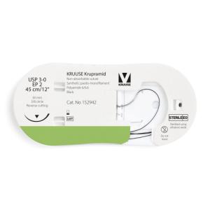 KRUUSE Krupramid Suture, USP 3-0/EP 2, 45 cm/12", black, 30 mm needle, 3/8 circle, reverse cutting, 12/pk
KRUUSE Krupramid Suture, USP 3-0/EP 2, 45 cm/12", black, 30 mm needle, 3/8 circle, reverse cutting, 12/pk