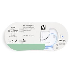 KRUUSE Nylon Suture, USP 0/EP 3.5, 70 cm/27.5", blue, 24 mm needle, 3/8 circle, reverse cutting, 12/pk
 KRUUSE Nylon Suture, USP 0/EP 3.5, 70 cm/27.5", blue, 24 mm needle, 3/8 circle, reverse cutting, 12/pk