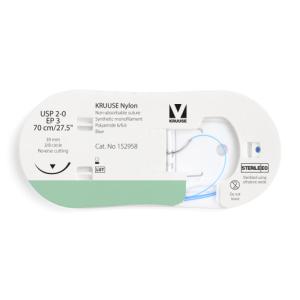 KRUUSE Nylon Suture, USP 2-0/EP 3, 70 cm/27.5", blue, 39 mm needle, 3/8 circle, reverse cutting, 12/pk
KRUUSE Nylon Suture, USP 2-0/EP 3, 70 cm/27.5", blue, 39 mm needle, 3/8 circle, reverse cutting, 12/pk