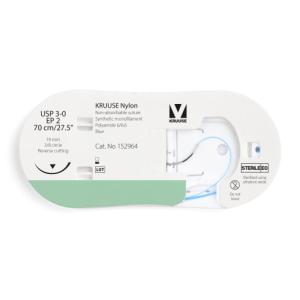KRUUSE Nylon Suture, USP 3-0/EP 2, 70 cm/27.5", blue, 19 mm needle, 3/8 circle, reverse cutting, 12/pk
KRUUSE Nylon Suture, USP 3-0/EP 2, 70 cm/27.5", blue, 19 mm needle, 3/8 circle, reverse cutting, 12/pk