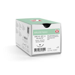 KRUUSE Nylon Suture, USP 4-0/EP 1.5, 45 cm/12", blue, 19 mm needle, 3/8 circle, reverse cutting, 12/pk
KRUUSE Nylon Suture, USP 4-0/EP 1.5, 45 cm/12", blue, 19 mm needle, 3/8 circle, reverse cutting, 12/pk