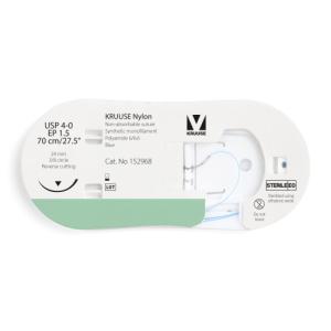 KRUUSE Nylon Suture, USP 4-0/EP 1.5, 70 cm/27.5", blue, 24 mm needle, 3/8 circle, reverse cutting, 12/pk KRUUSE Nylon Suture, USP 4-0/EP 1.5, 70 cm/27.5", blue, 24 mm needle, 3/8 circle, reverse cutting, 12/pk
