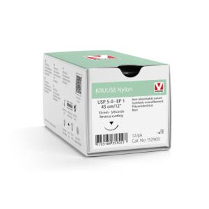 KRUUSE Nylon Suture, USP 5-0/EP 1, 45 cm/12", blue, 13 mm needle, 3/8 circle, reverse cutting, 12/pk
KRUUSE Nylon Suture, USP 5-0/EP 1, 45 cm/12", blue, 13 mm needle, 3/8 circle, reverse cutting, 12/pk