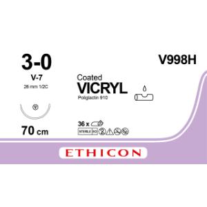 Vicryl, 3/0, V-7 needle, 70 cm, V998H, 36/pk
Vicryl, 3/0, V-7 needle, 70 cm, V998H, 36/pk