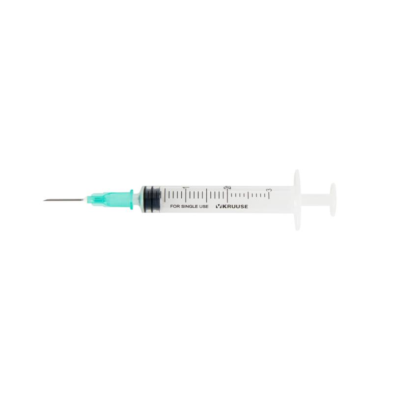 KRUUSE Disposable Syringe With Needle, 3-comp., 2->3 ml, luer slip, 21G x 5/8'', 0,8 x 16 mm, 100/pk KRUUSE Disposable Syringe With Needle, 3-comp., 2->3 ml, luer slip, 21G x 5/8'', 0,8 x 16 mm, 100/pk
