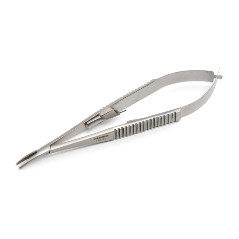 KRUUSE Castroviejo Needle Holder, 13 cm / 5.1", curved, with lock, diamond dust-coated jaws KRUUSE Castroviejo Needle Holder, 13 cm / 5.1", curved, with lock, diamond dust-coated jaws