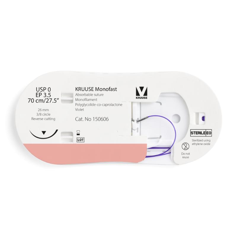 KRUUSE Monofast Suture, USP 0/EP 3.5, 70 cm/27.5", violet, 26 mm needle, 3/8 circle, reverse cutting, 12/pk KRUUSE Monofast Suture, USP 0/EP 3.5, 70 cm/27.5", violet, 26 mm needle, 3/8 circle, reverse cutting, 12/pk