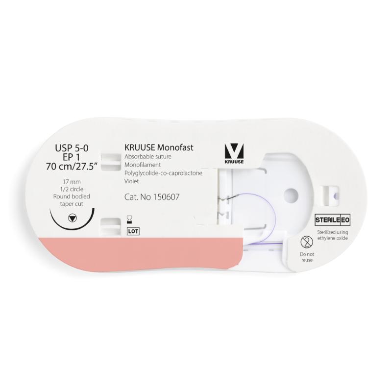 KRUUSE Monofast Suture, USP 5-0/EP 1, 70 cm/27.5", violet, 17 mm needle, 1/2 circle, round bodied, taper cut, 12/pk KRUUSE Monofast Suture, USP 5-0/EP 1, 70 cm/27.5", violet, 17 mm needle, 1/2 circle, round bodied, taper cut, 12/pk