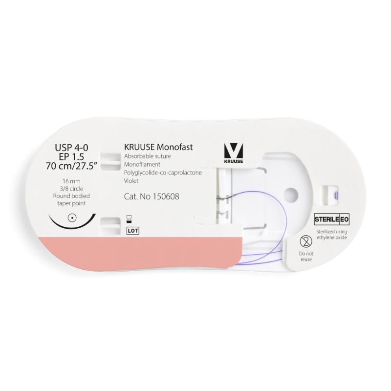 KRUUSE Monofast Suture, USP 4-0/EP 1.5, 70 cm/27.5", violet, 16 mm needle, 3/8 circle, round bodied, taper point, 12/pk KRUUSE Monofast Suture, USP 4-0/EP 1.5, 70 cm/27.5", violet, 16 mm needle, 3/8 circle, round bodied, taper point, 12/pk