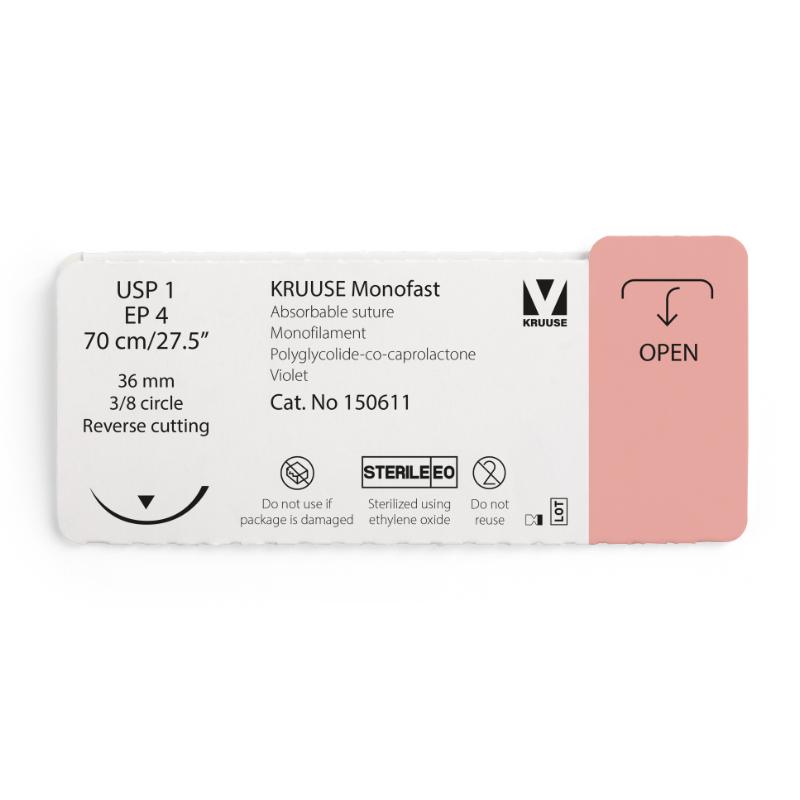 KRUUSE Monofast Suture, USP 1/EP 4, 70 cm/27.5", violet, 36 mm needle, 3/8 circle, reverse cutting, 12/pk KRUUSE Monofast Suture, USP 1/EP 4, 70 cm/27.5", violet, 36 mm needle, 3/8 circle, reverse cutting, 12/pk