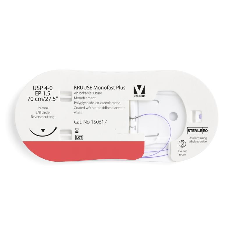 KRUUSE Monofast Plus Suture, USP 4-0/EP 1.5, 70 cm/27.5", violet, 19 mm needle, 3/8 circle, reverse cutting, 12/pk KRUUSE Monofast Plus Suture, USP 4-0/EP 1.5, 70 cm/27.5", violet, 19 mm needle, 3/8 circle, reverse cutting, 12/pk