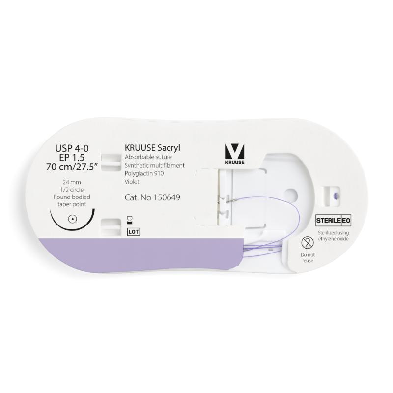KRUUSE Sacryl Suture, USP 4-0/EP 1.5, 70 cm/27.5", violet, 24 mm needle, 1/2 circle, round bodied, taper point, 12/pk KRUUSE Sacryl Suture, USP 4-0/EP 1.5, 70 cm/27.5", violet, 24 mm needle, 1/2 circle, round bodied, taper point, 12/pk
