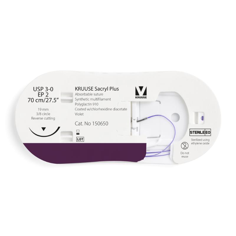KRUUSE Sacryl Plus Suture, USP 3-0/EP 2, 70 cm/27.5", violet, 19 mm needle, 3/8 circle, reverse cutting, 12/pk KRUUSE Sacryl Plus Suture, USP 3-0/EP 2, 70 cm/27.5", violet, 19 mm needle, 3/8 circle, reverse cutting, 12/pk