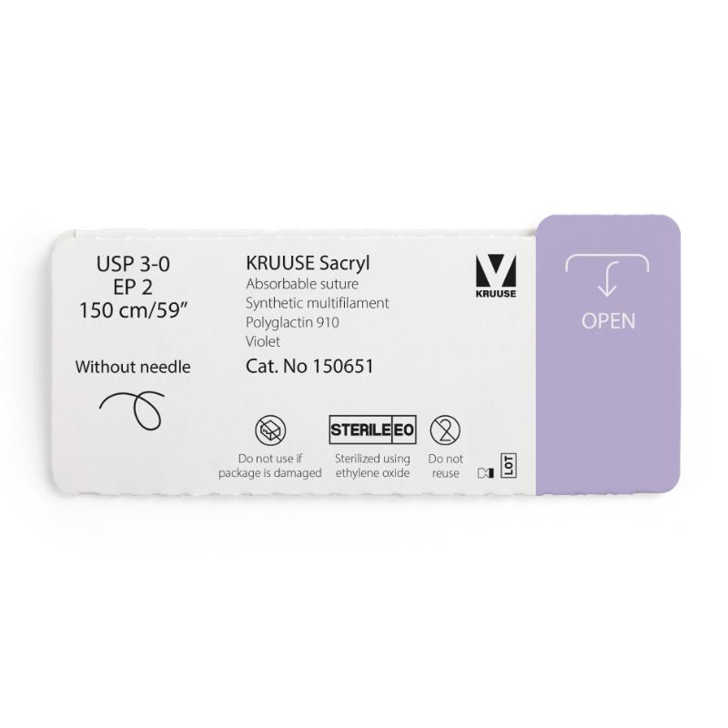 KRUUSE Sacryl Suture, USP 3-0/EP 2, 150 cm/59", violet, without needle, 12/pk KRUUSE Sacryl Suture, USP 3-0/EP 2, 150 cm/59", violet, without needle, 12/pk