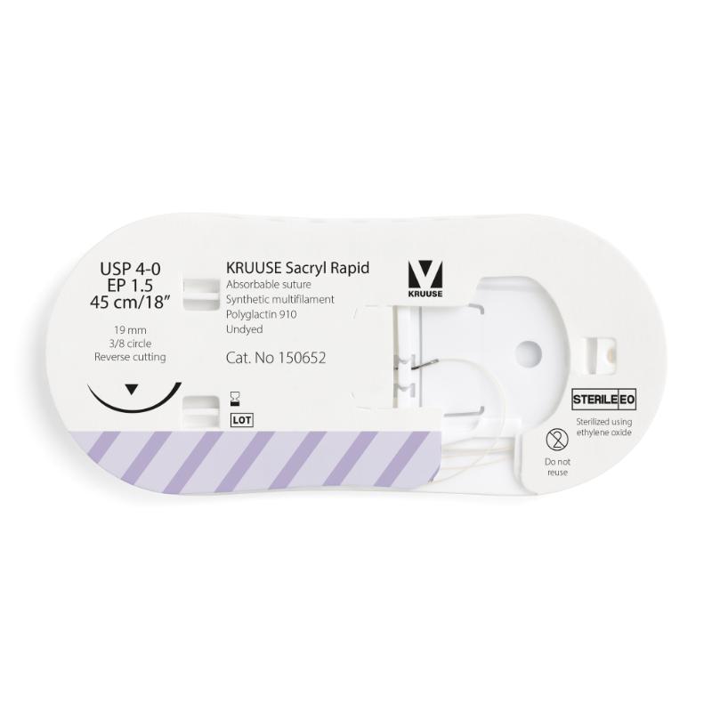 KRUUSE Sacryl Rapid Suture, USP 4-0/EP 1.5, 45 cm/18", undyed, 19 mm needle, 3/8 circle, reverse cutting, 12/pk KRUUSE Sacryl Rapid Suture, USP 4-0/EP 1.5, 45 cm/18", undyed, 19 mm needle, 3/8 circle, reverse cutting, 12/pk