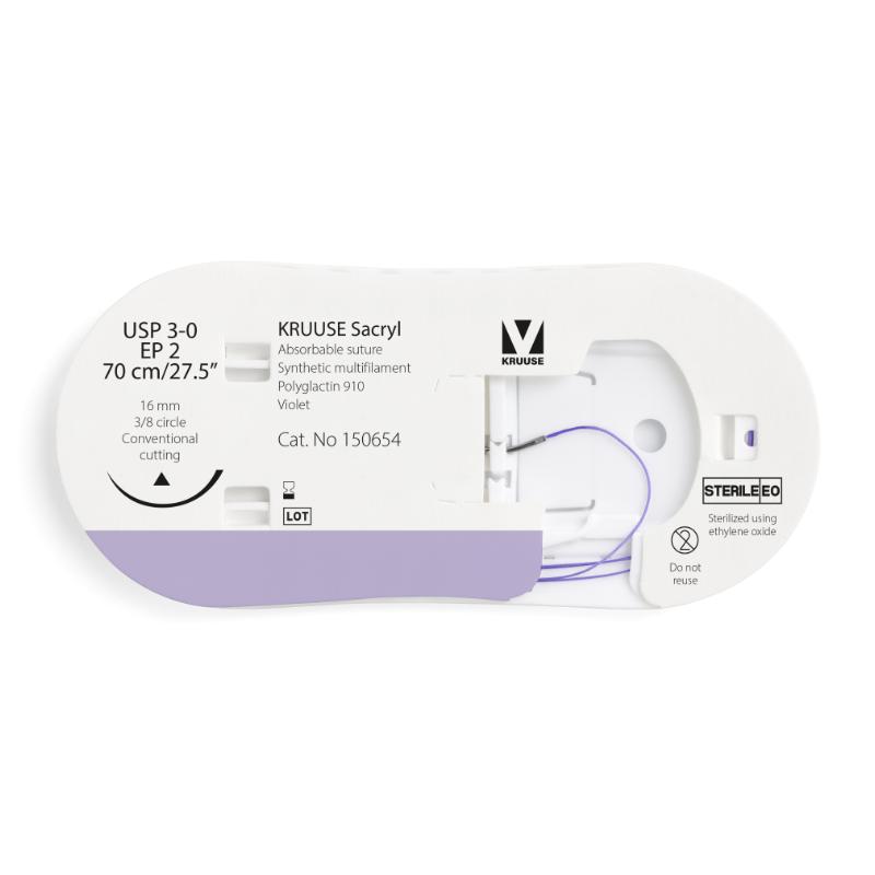 KRUUSE Sacryl Suture, USP 3-0/EP 2, 70 cm/27.5", violet, 16 mm needle, 3/8 circle, conventional cutting, 12/pk KRUUSE Sacryl Suture, USP 3-0/EP 2, 70 cm/27.5", violet, 16 mm needle, 3/8 circle, conventional cutting, 12/pk