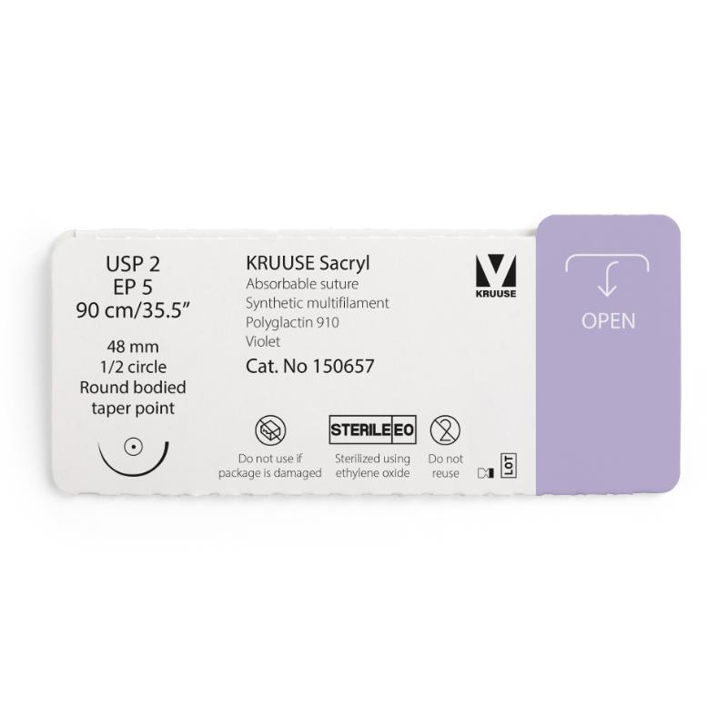 KRUUSE Sacryl Suture, USP 2/EP 5, 90 cm/35.5", violet, 48 mm needle, 1/2 circle, round bodied, taper point, 12/pk KRUUSE Sacryl Suture, USP 2/EP 5, 90 cm/35.5", violet, 48 mm needle, 1/2 circle, round bodied, taper point, 12/pk