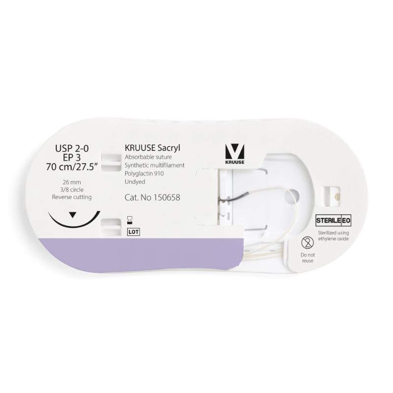 KRUUSE Sacryl Suture, USP 2-0/EP 3, 70 cm/27.5", undyed, 26 mm needle, 3/8 circle, reverse cutting, 12/pk KRUUSE Sacryl Suture, USP 2-0/EP 3, 70 cm/27.5", undyed, 26 mm needle, 3/8 circle, reverse cutting, 12/pk