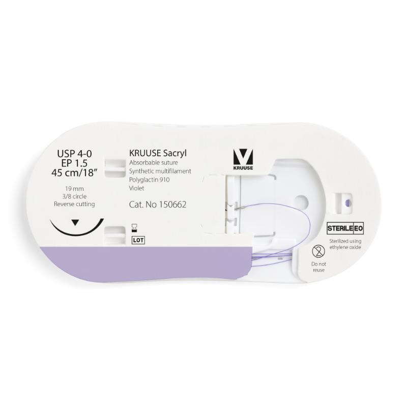 KRUUSE Sacryl Suture, USP 4-0/EP 1.5, 45 cm/18", violet, 19 mm needle, 3/8 circle, reverse cutting, 12/pk KRUUSE Sacryl Suture, USP 4-0/EP 1.5, 45 cm/18", violet, 19 mm needle, 3/8 circle, reverse cutting, 12/pk